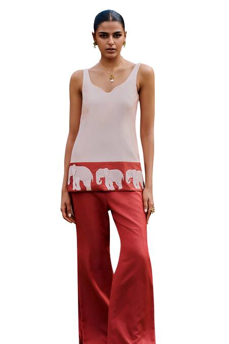 The Whole Nine Yards_Pink Chanderi Silk, Kota Doria, Anjana Border Kurta And Charu Flared Pant Set _Online_at_Aza_Fashions