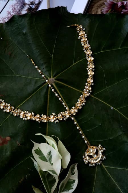 Shop Paisley Pop Gold Plated Pearls Kundan Embellished Mathapatti at Aza Fashions Shop_Paisley Pop_Gold Plated Pearls Kundan Embellished Mathapatti _at_Aza_Fashions