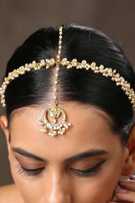 Shop Paisley Pop Gold Plated Pearls Kundan Embellished Mathapatti Online at Aza Fashions Shop_Paisley Pop_Gold Plated Pearls Kundan Embellished Mathapatti _Online_at_Aza_Fashions
