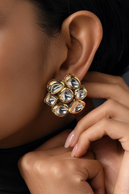 Shop_Paisley Pop_Gold Plated Diamonds, Stones Kundan Embellished Floral Studs _at_Aza_Fashions