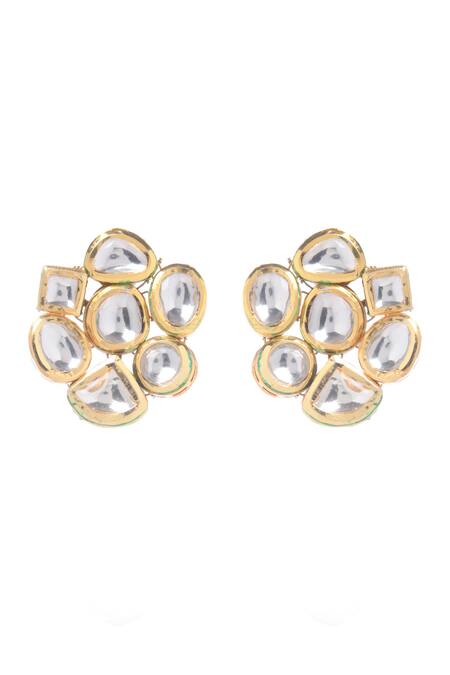 Paisley Pop_Gold Plated Diamonds, Stones Kundan Embellished Floral Studs _Online_at_Aza_Fashions