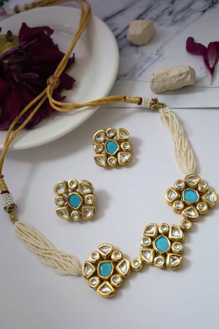 Paisley Pop Kundan Embellished Floral Unit Choker Necklace Set 