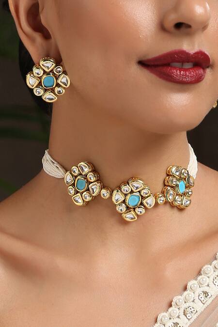 Paisley Pop_Blue Stones, Gota Patti Kundan Embellished Floral Unit Choker Necklace Set _Online_at_Aza_Fashions