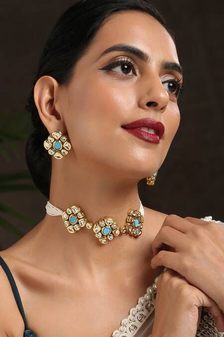 Buy_Paisley Pop_Blue Stones, Gota Patti Kundan Embellished Floral Unit Choker Necklace Set _Online_at_Aza_Fashions