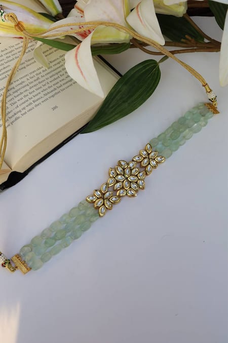 Shop Paisley Pop Blue Floral Kundan Embellished Beaded Choker at Aza Fashions Shop_Paisley Pop_Blue Floral Kundan Embellished Beaded Choker _at_Aza_Fashions
