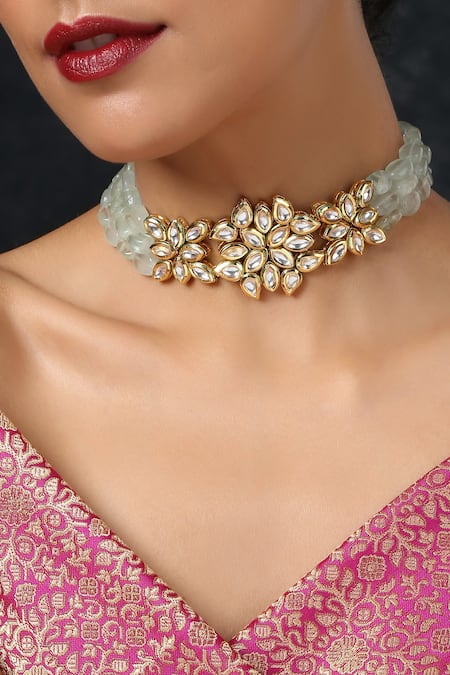 Paisley Pop Blue Floral Kundan Embellished Beaded Choker Online at Aza Fashions Paisley Pop_Blue Floral Kundan Embellished Beaded Choker _Online_at_Aza_Fashions