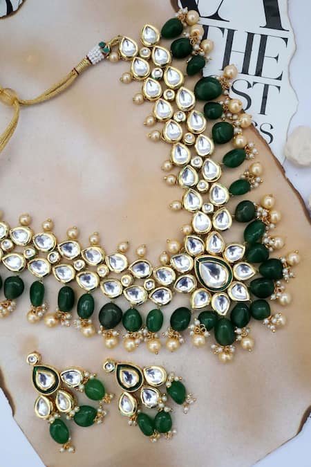 Shop Paisley Pop Green Beads Kundan Embellished Necklace Set at Aza Fashions Shop_Paisley Pop_Green Beads Kundan Embellished Necklace Set _at_Aza_Fashions