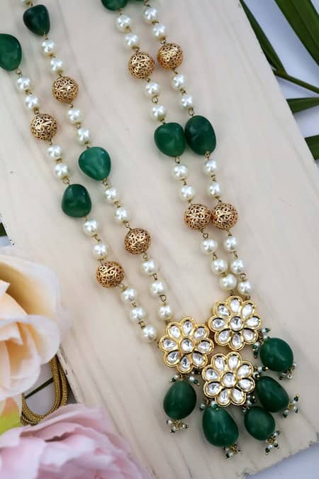 Shop Paisley Pop Green Kundan Embellished Pendant Necklace at Aza Fashions Shop_Paisley Pop_Green Kundan Embellished Pendant Necklace _at_Aza_Fashions
