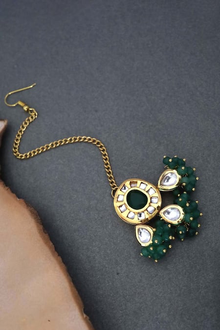 Shop_Paisley Pop_Green Kundan And Stone Embellished Maangtikka _at_Aza_Fashions