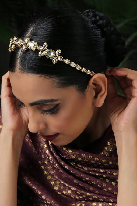 Paisley Pop Gold Crystals Kundan Embellished Headband Online at Aza Fashions Paisley Pop_Gold Crystals Kundan Embellished Headband _Online_at_Aza_Fashions