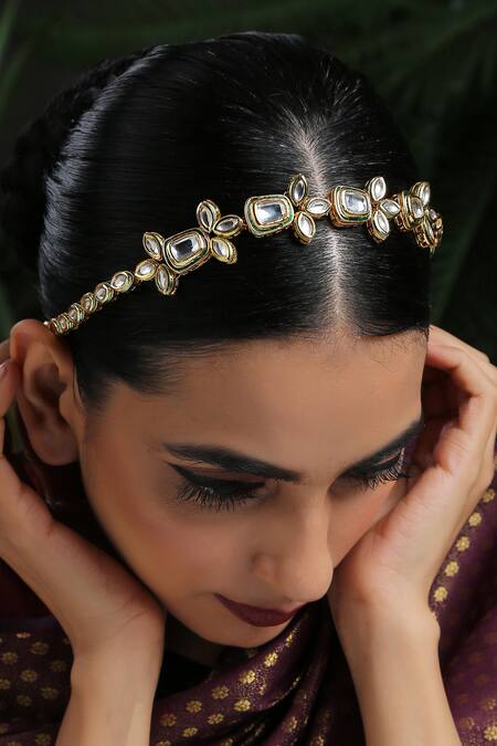 Shop Paisley Pop Gold Crystals Kundan Embellished Headband Online at Aza Fashions Shop_Paisley Pop_Gold Crystals Kundan Embellished Headband _Online_at_Aza_Fashions