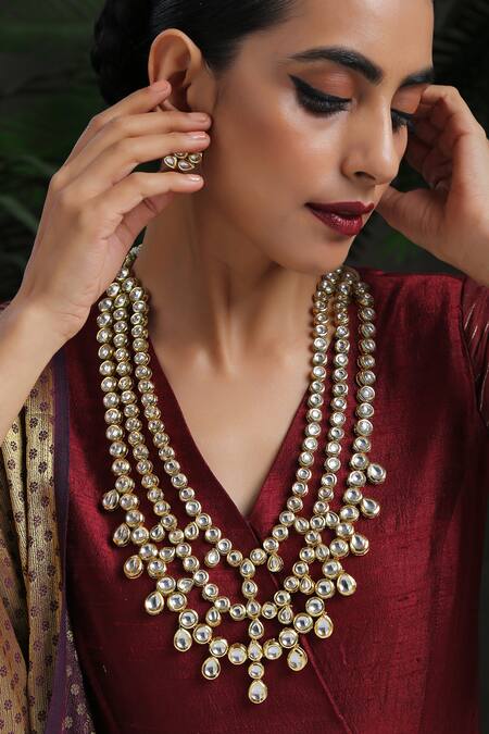 Paisley Pop Gold Plated Diamonds, Stones Kundan Embellished Layered Necklace Set at Aza Fashions Paisley Pop_Gold Plated Diamonds, Stones Kundan Embellished Layered Necklace Set _at_Aza_Fashions