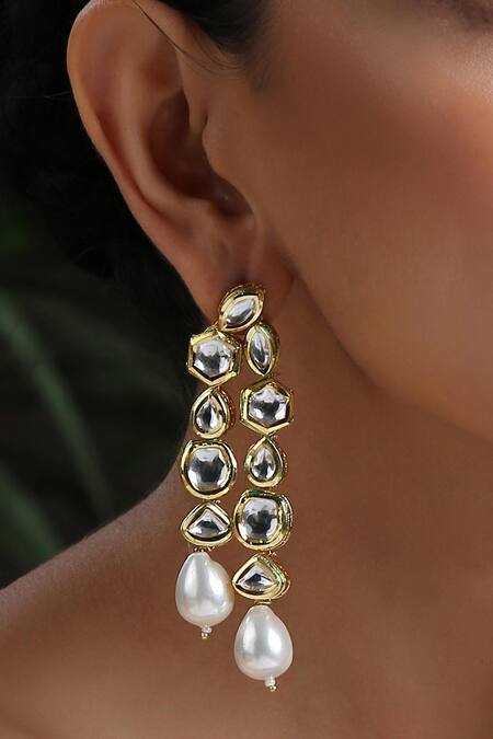 Buy_Paisley Pop_Green Pearls, Diamonds Kundan And Drop Embellished Earrings _Online_at_Aza_Fashions