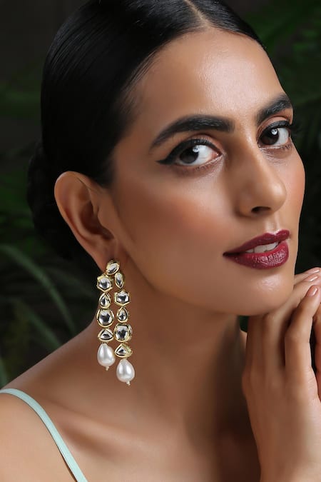 Shop_Paisley Pop_Green Pearls, Diamonds Kundan And Drop Embellished Earrings _Online_at_Aza_Fashions