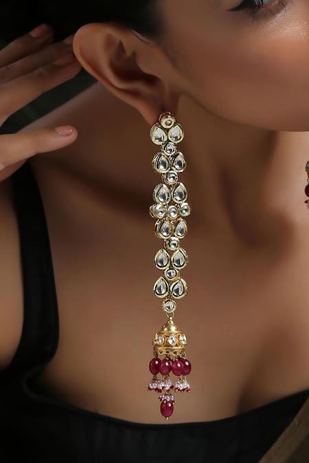 Paisley Pop_Red Stones, Pearls Kundan Embellished Danglers _Online_at_Aza_Fashions