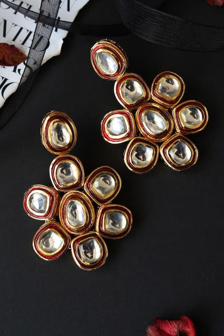 Shop Paisley Pop Red Embroidery Floral Kundan Embellished Studs at Aza Fashions Shop_Paisley Pop_Red Embroidery Floral Kundan Embellished Studs _at_Aza_Fashions