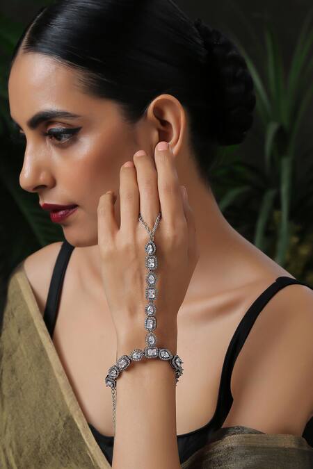 Paisley Pop_Silver Plated Crystals, Victorian Polki And Cubic Zirconia Encrusted Hathphool _Online_at_Aza_Fashions