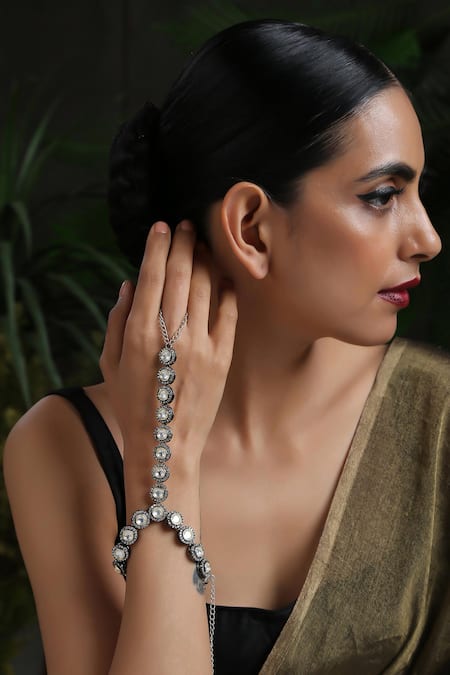 Paisley Pop_Silver Plated Crystals Victorian Polki Embellished Hathphool _Online_at_Aza_Fashions