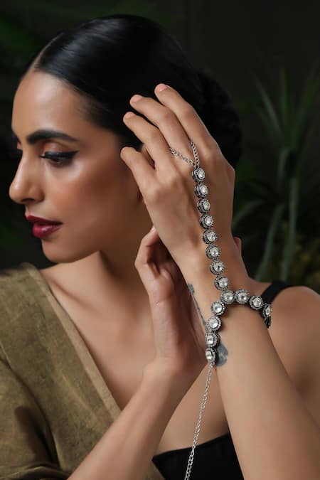 Buy_Paisley Pop_Silver Plated Crystals Victorian Polki Embellished Hathphool _Online_at_Aza_Fashions