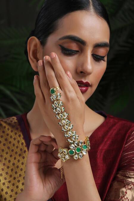 Paisley Pop_Green Pearls, Stones, Gota Patti Kundan Embellished Hathphool _Online_at_Aza_Fashions