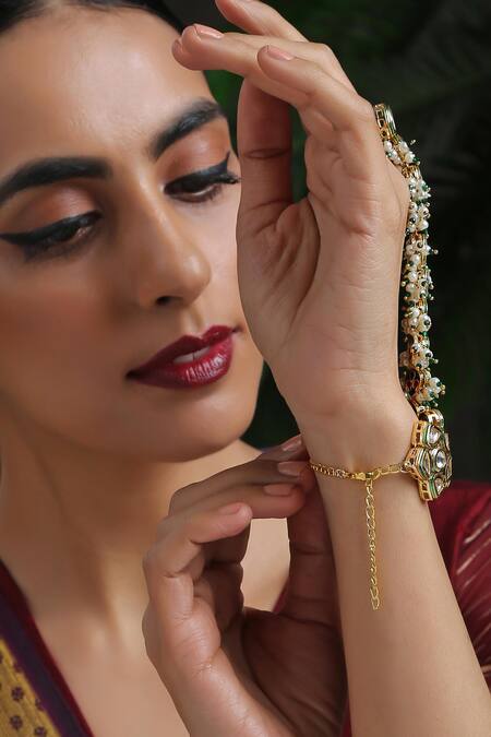 Shop_Paisley Pop_Green Pearls, Stones, Gota Patti Kundan Embellished Hathphool _Online_at_Aza_Fashions