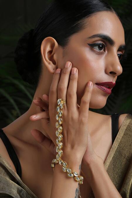 Paisley Pop_Gold Plated Crystals Kundan Encrusted Hathphool _Online_at_Aza_Fashions