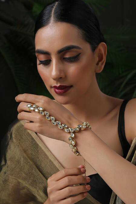 Buy_Paisley Pop_Gold Plated Crystals Kundan Encrusted Hathphool _Online_at_Aza_Fashions