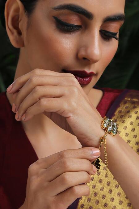 Shop Paisley Pop Gold Plated Pearls, Gota Patti Floral Kundan And Embellished Bracelet Online at Aza Fashions Shop_Paisley Pop_Gold Plated Pearls, Gota Patti Floral Kundan And Embellished Bracelet _Online_at_Aza_Fashions