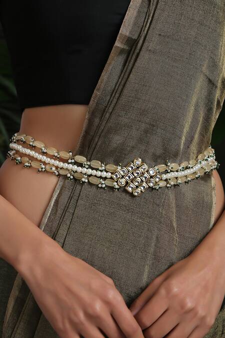 Paisley Pop_Gold Plated Pearls, Zari, Stones Kundan And Tumble Kamarbandh _Online_at_Aza_Fashions