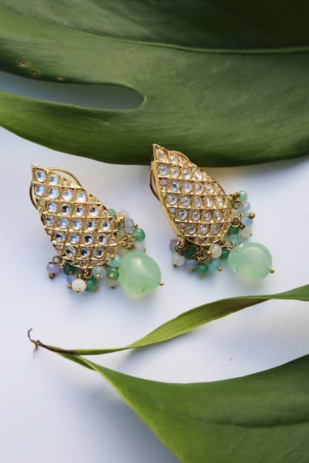 Shop_Paisley Pop_Green Applique, Stones Parweena Polki Embellished Earrings _at_Aza_Fashions