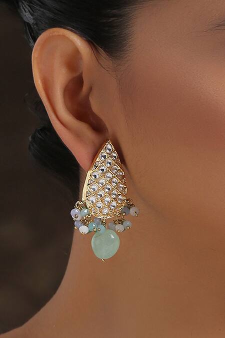 Paisley Pop_Green Applique, Stones Parweena Polki Embellished Earrings _Online_at_Aza_Fashions