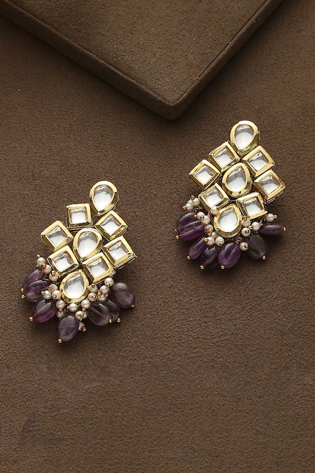 Shop_Paisley Pop_Gold Plated Pearls, Stones Daivy Kundan Embellished Earrings _at_Aza_Fashions