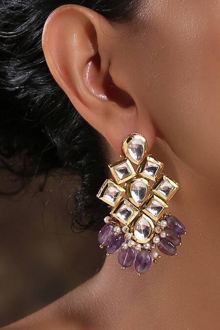 Paisley Pop_Gold Plated Pearls, Stones Daivy Kundan Embellished Earrings _Online_at_Aza_Fashions