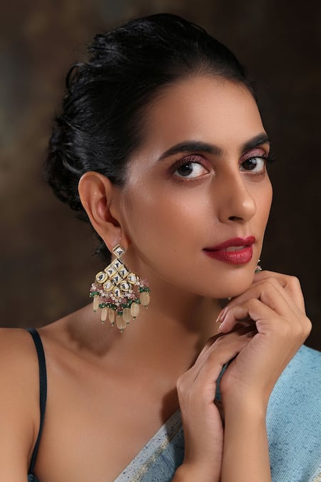 Paisley Pop Peach Kundan Upma And Stone Embellished Earrings 