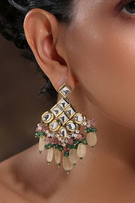 Paisley Pop_Peach Stones Upma Kundan And Embellished Earrings _Online_at_Aza_Fashions