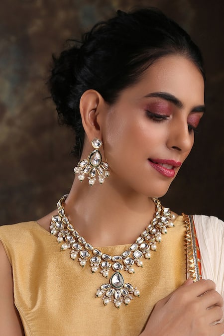 Paisley Pop Gold Plated Kundan Embellished Pearl Drop Necklace Set 