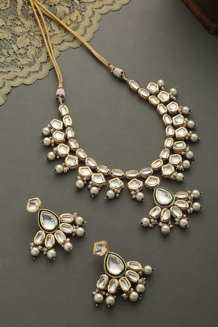 Shop_Paisley Pop_Gold Plated Pearls Kundan Embellished Drop Necklace Set _at_Aza_Fashions