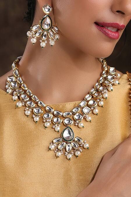 Paisley Pop_Gold Plated Pearls Kundan Embellished Drop Necklace Set _Online_at_Aza_Fashions