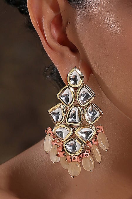 Paisley Pop_Peach Tassels, Stones Kundan And Tumble Embellished Earrings _Online_at_Aza_Fashions