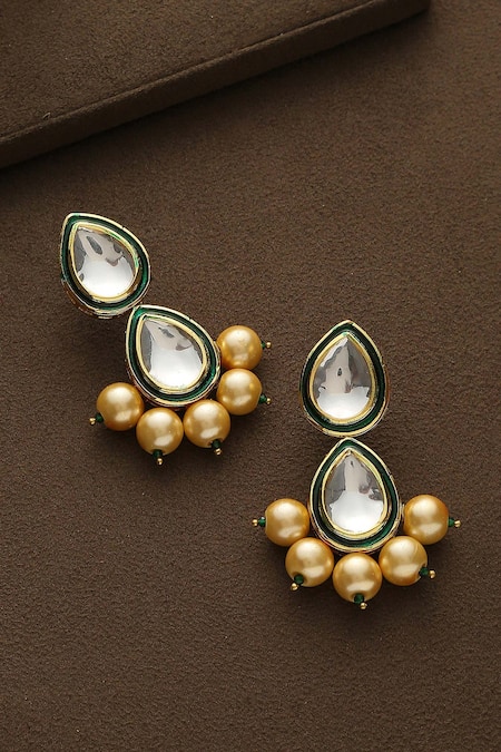 Shop_Paisley Pop_Green Imitation Diamonds Arisha Kundan Embellished Earrings _at_Aza_Fashions