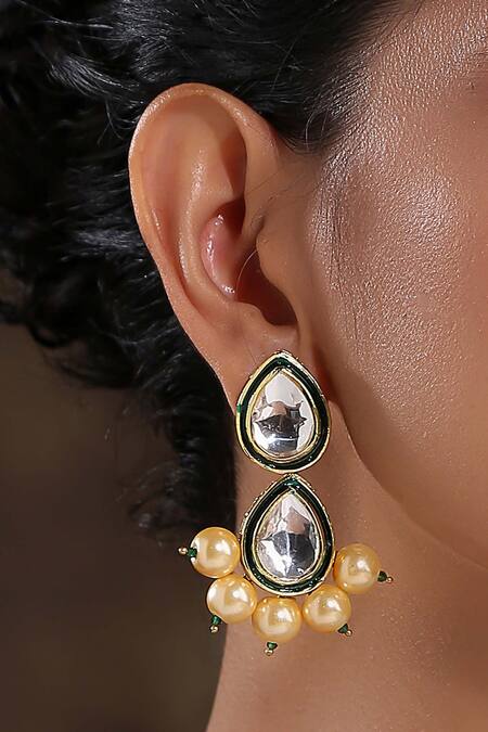 Paisley Pop_Green Imitation Diamonds Arisha Kundan Embellished Earrings _Online_at_Aza_Fashions