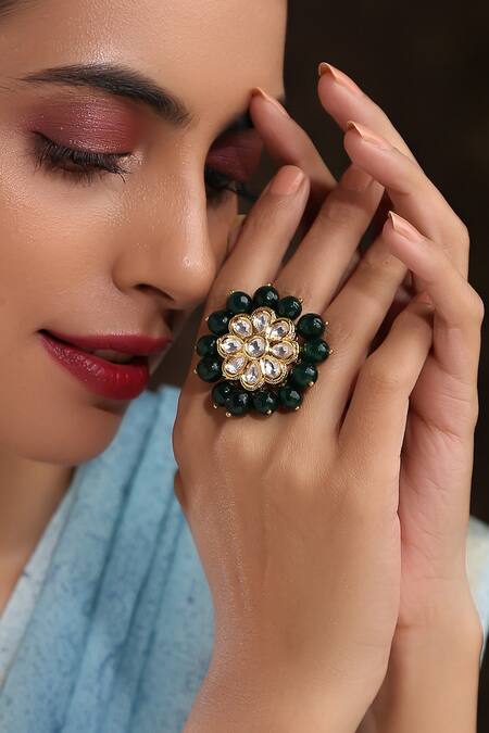 Buy Paisley Pop Green Stones Ruchira Kundan Encrusted Ring Online at Aza Fashions Buy_Paisley Pop_Green Stones Ruchira Kundan Encrusted Ring _Online_at_Aza_Fashions