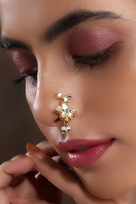 Paisley Pop_Gold Plated Imitation Diamonds Kundan Embellished Nosepin _Online_at_Aza_Fashions