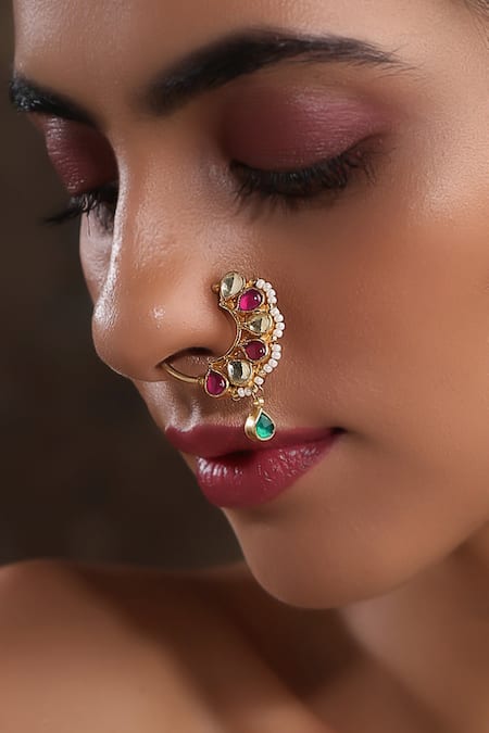 Paisley Pop_Gold Plated Pearls Kundan Encrusted Peacock Motif Nose Pin _Online_at_Aza_Fashions