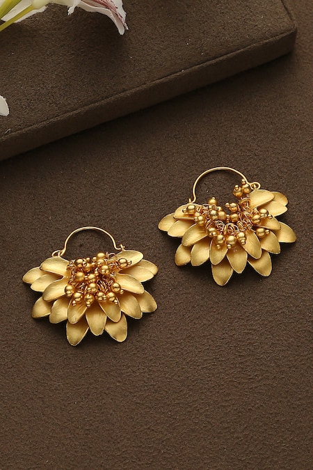 Shop_Paisley Pop_Gold Plated Beads Floral Petal Embossed Earrings _at_Aza_Fashions