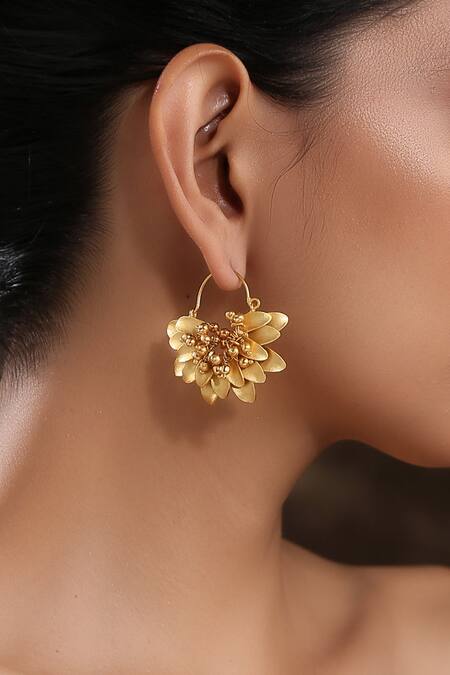 Paisley Pop_Gold Plated Beads Floral Petal Embossed Earrings _Online_at_Aza_Fashions