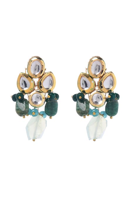 Shop_Paisley Pop_Green Diamonds, Stones Kundan Embellished Drop Earrings _at_Aza_Fashions