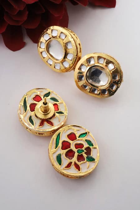 Shop_Paisley Pop_Gold Plated Diamonds, Stones Polki Encrusted Earrings _at_Aza_Fashions