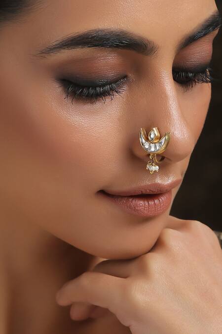 Paisley Pop_Gold Plated Crystals Kundan Embellished Crescent Nose Pin _Online_at_Aza_Fashions