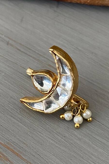 Shop_Paisley Pop_Gold Plated Crystals Kundan Embellished Crescent Nose Pin _Online_at_Aza_Fashions